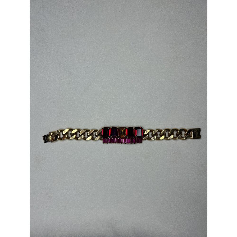 Coach Gold-Tone Curb Chain Bracelet with Fuchsia and Red Rhinestones